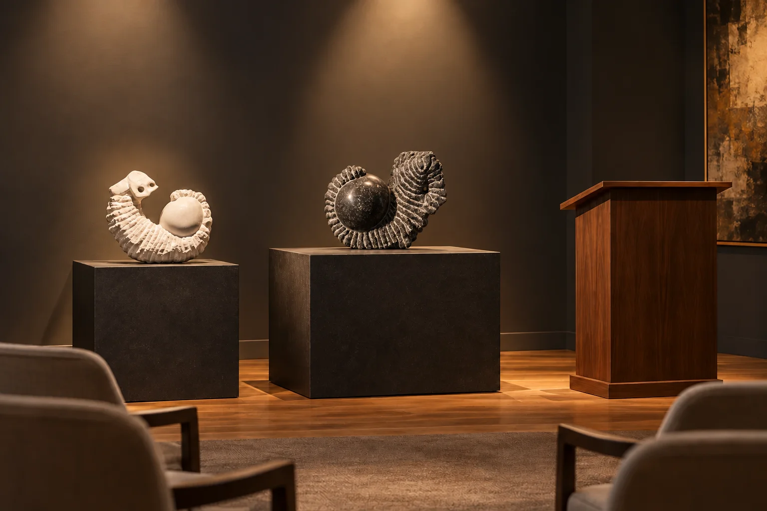Fictional auction preview visualization with both correctly proportioned sculptures on plinths, an empty lectern and chairs