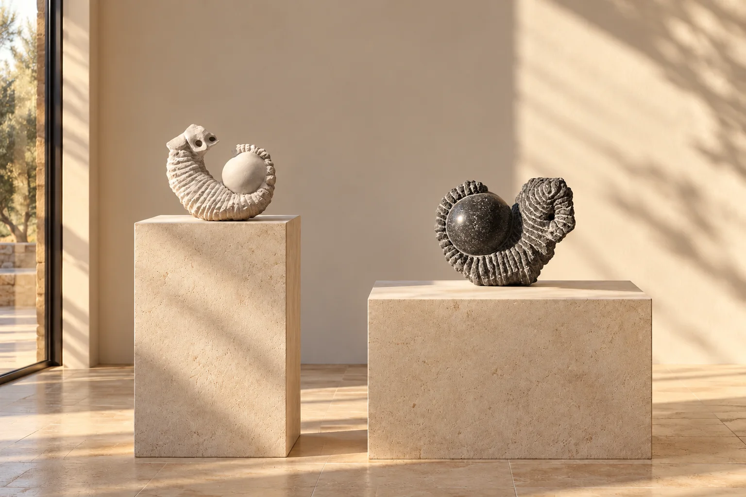 AI visualization: white Shamir I (24 × 20 × 15 cm) and slightly larger black Shamir II (30 × 24 × 17 cm) on separate stone plinths in a sunlit gallery