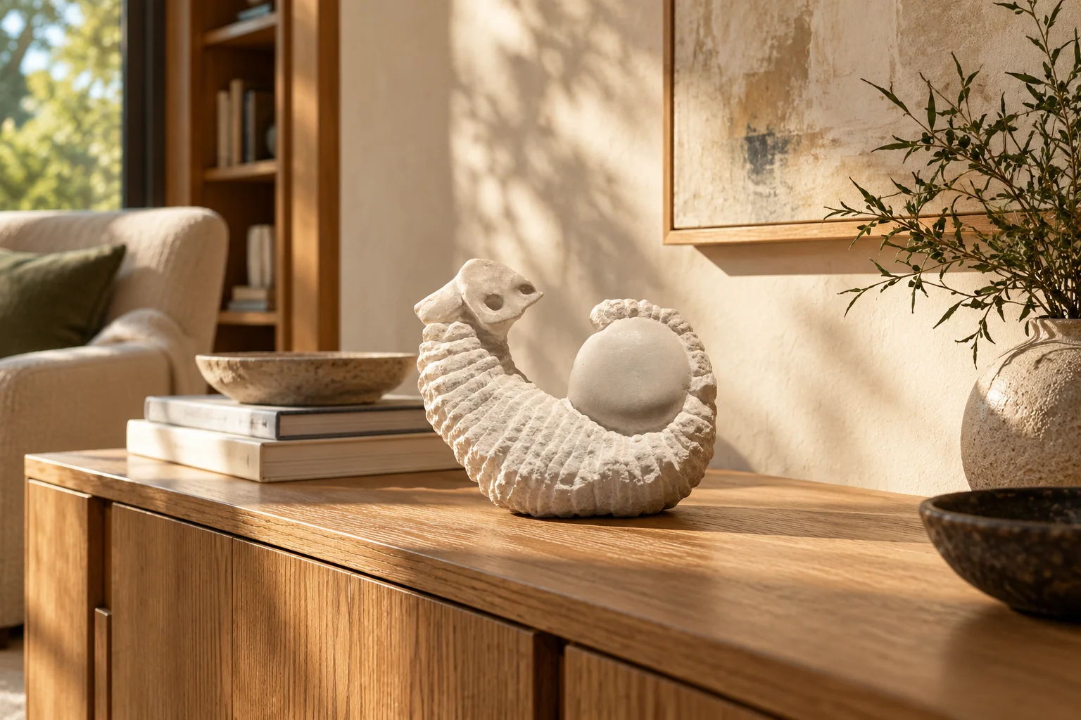 AI visualization of the small 24-centimetre Shamir I on an oak sideboard beside books and an armchair