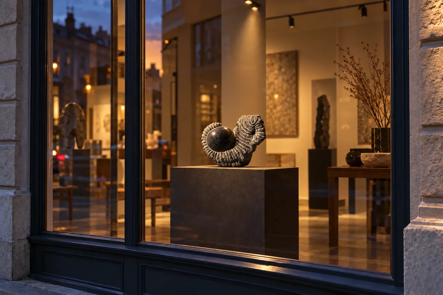 AI visualization of black marble Shamir II on a pedestal behind a gallery window at dusk